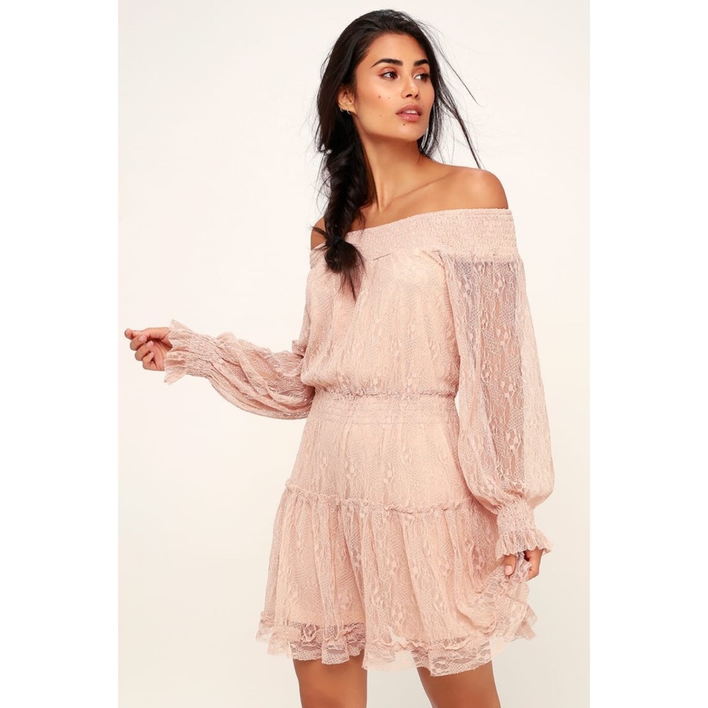 LULUS DREAMS OF ROMANCE OFF SHOULDER BLUSH DRESS